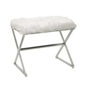 X Leg White Faux Fur Stool - Silver