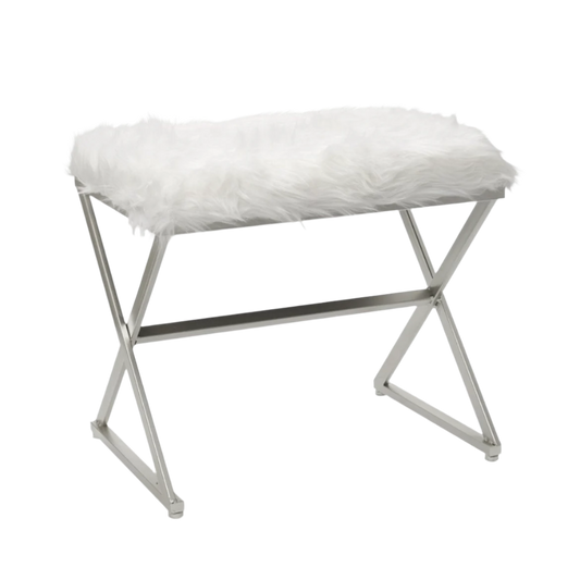 X Leg White Faux Fur Stool - Silver