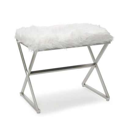 X Leg White Faux Fur Stool - Silver